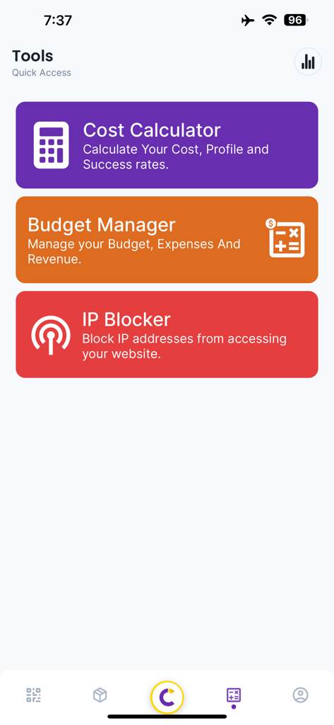 비용 계산, 예산 관리 및 IP 차단을 위한 비즈니스 도구를 보여주는 Converty Shop 앱 인터페이스.