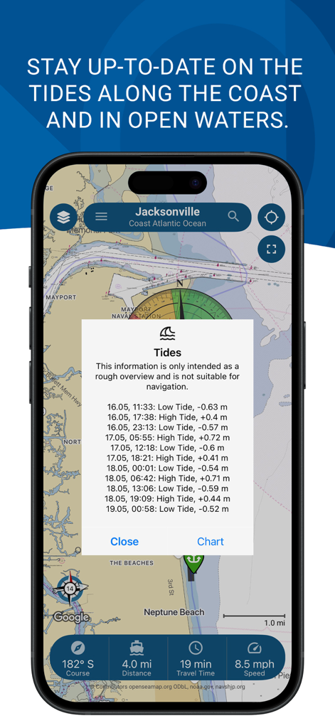NavShip mobile app screen showing coastal tide data and navigation map