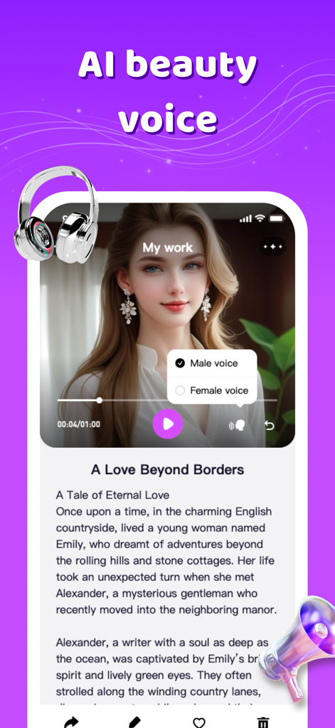 Yamila - Yamila app interface showing a romantic story titled A Love Beyond Borders with options to choose between a male or female AI narrator voice