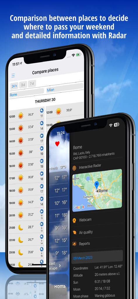 Screenshot dell'app Meteo che mostrano un confronto tra il meteo di Roma e Milano e una mappa radar interattiva con dettagli tecnici
