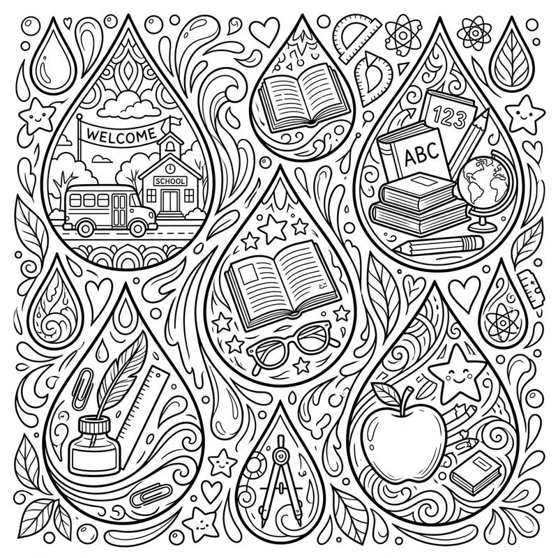 Prepare for the academic year with this delightful Back to School Raindrops coloring page, brimming with educational elements. Each whimsical raindrop encloses iconic school symbols, offering a unique and engaging way to celebrate learning.