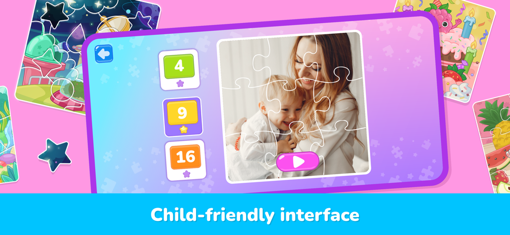 Interface conviviale pour les jeux de puzzle pour enfants montrant des niveaux de difficulté de 4, 9 et 16 pièces avec une photo de mère et enfant