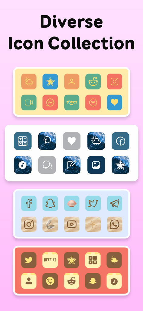 ThemeApp: Themes & Widgets - A diverse collection of aesthetic app icon packs featuring ocean beach and colorful pastel themes for iPhone personalization
