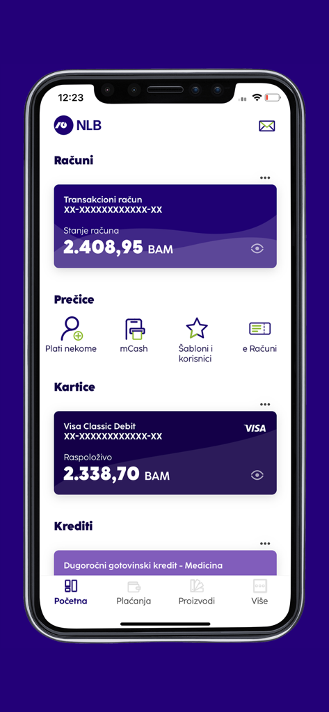 Main dashboard of NLB mKlik novi app showing transaction account balances, payment shortcuts, and debit card details.