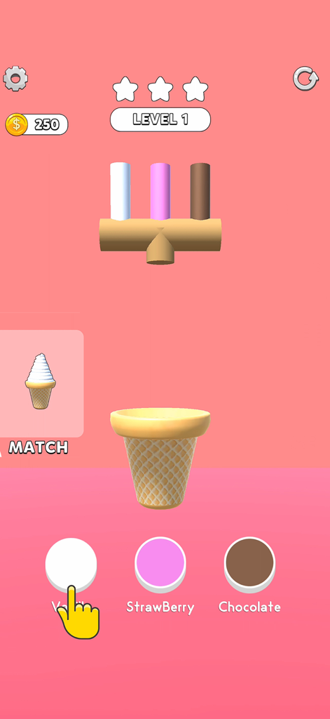 Ice Cream Inc. - Ice Cream Inc. gameplay screenshot showing level 1 with a vanilla ice cream matching tutorial.