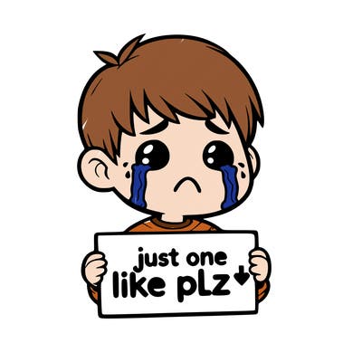 realistic crying boy with a sign saying just one like plz
