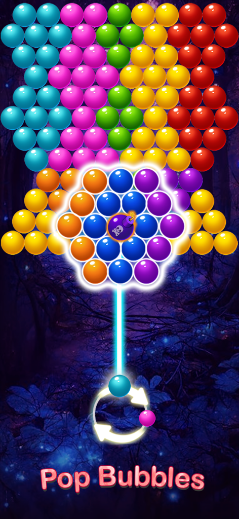 Gameplay von Bubble Pop Fairyland mit farbenfrohen Blasen und einem Bomben-Power-Up in einem magischen Wald