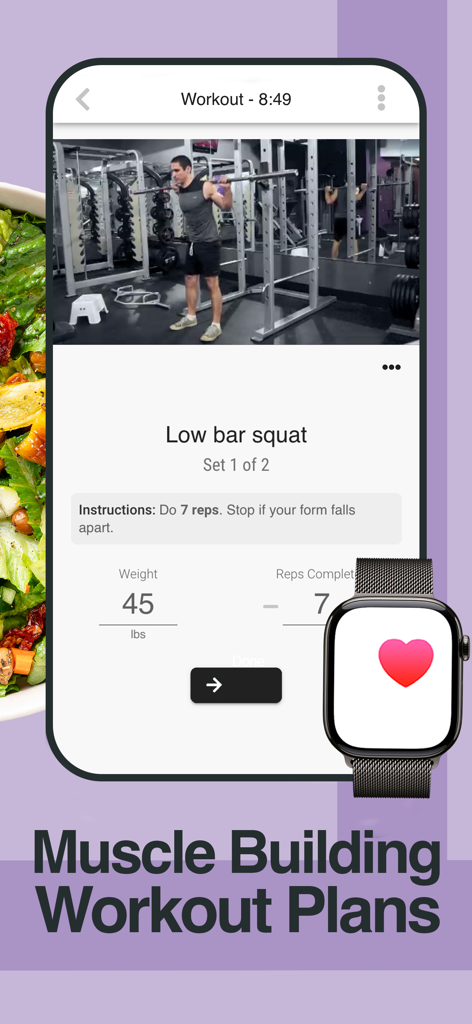 Smartphone screen showing a muscle building workout tracker for low bar squats with Apple Watch integration