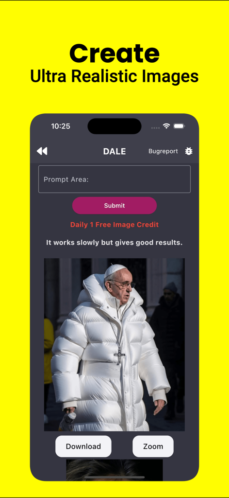 Interface de l'application Dale AI affichant une image IA ultra réaliste générée d'un homme portant une doudoune blanche.