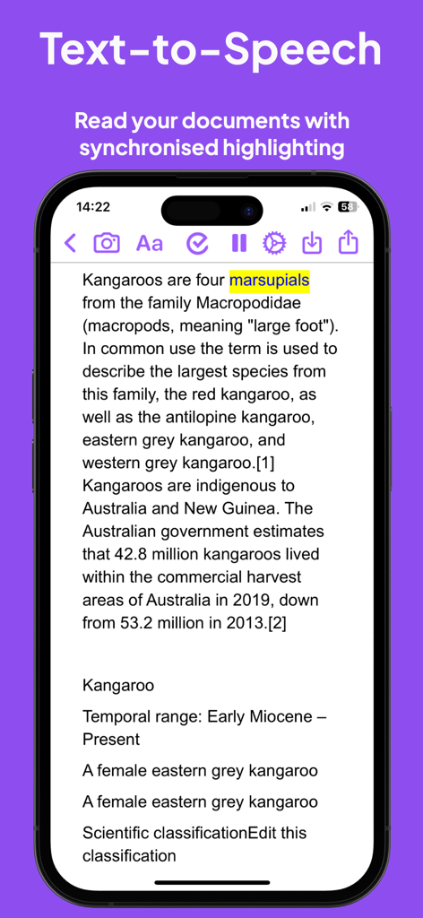 Read&Write - La aplicación Read and Write, función de texto a voz con resaltado sincronizado en un iPhone.