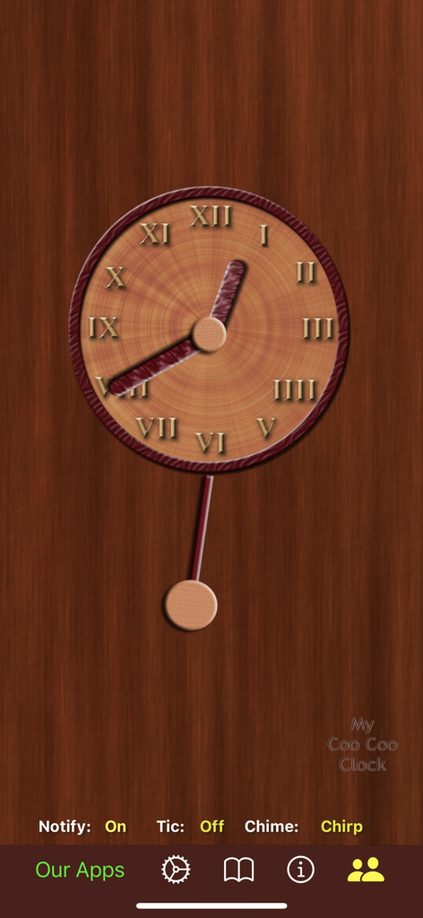 Main screen of the My Coo Coo Clock app featuring a wooden clock face with Roman numerals and a swinging pendulum