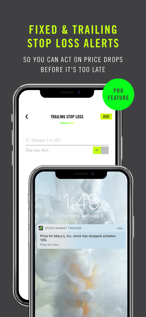 iPhone display showing trailing stop loss alert settings and a push notification for a stock price drop