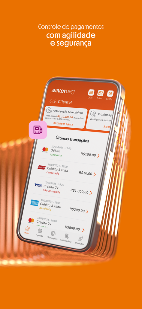 Inter Pag app interface showing merchant sales history and payment management features