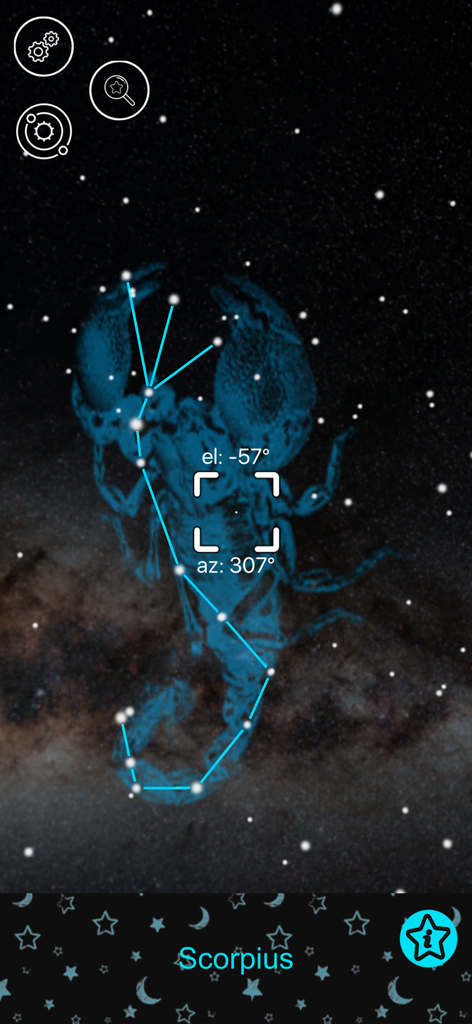 Star Map Tracker: Sky Journey - Augmented reality display of the Scorpius constellation with coordinate data in the Star Map Tracker app