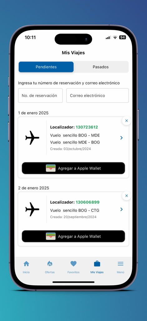 Interface do aplicativo móvel TiquetesBaratos mostrando futuras reservas de voos e integração com o Apple Wallet em espanhol
