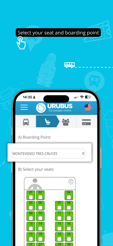 Mobile screen of the URUBUS app showing a bus seat map and boarding point selection for Montevideo