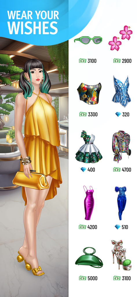 Pocket Styler: Fashion Stars - Pantalla del juego móvil Pocket Styler con un avatar glamuroso y una interfaz de compras con diversos artículos de moda.