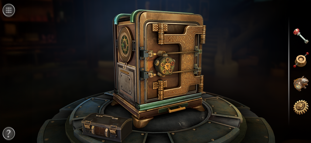 Boxes: Lost Fragments - Eine komplizierte Steampunk-mechanische Rätselkiste auf einem Podest in einem dunklen, geheimnisvollen Raum