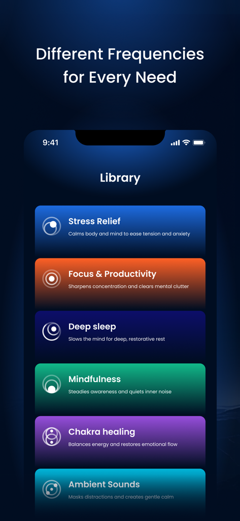 InnerFlo: Calm & Focus - InnerFlo app library screen showing sound therapy categories for stress relief focus and sleep