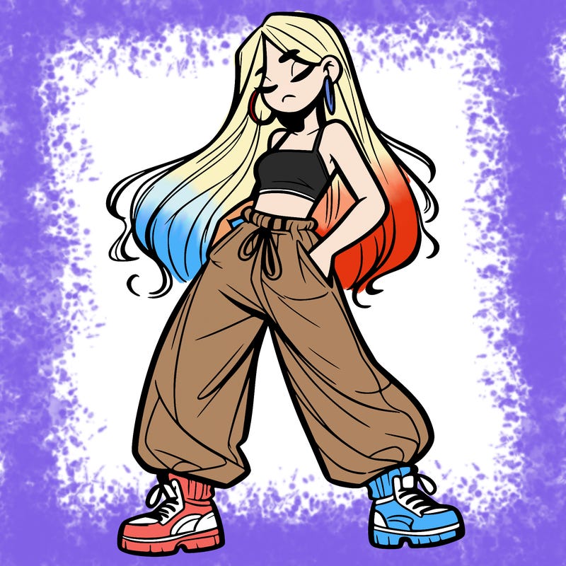 girl in baggy pants crop top and long hair