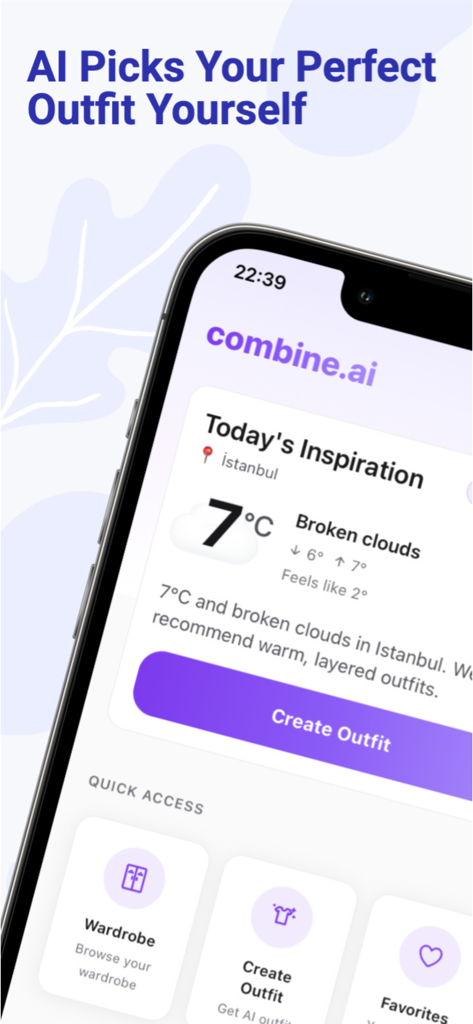 Combine AI: Outfit Planner - Interface of Combine AI app displaying outfit recommendations based on current weather and location