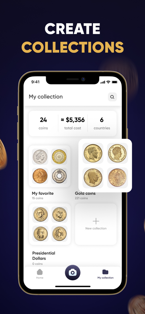 Digital coin collection manager in CoinScan app showing total value and categories.