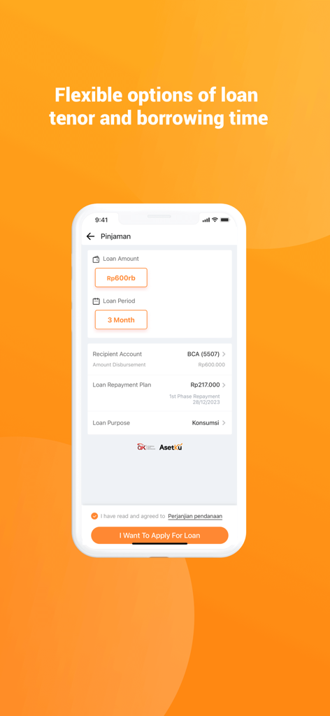 ローン金額と返済期間のオプションが表示されたAsetKuデジタル融資アプリインターフェースのスマートフォン画面。