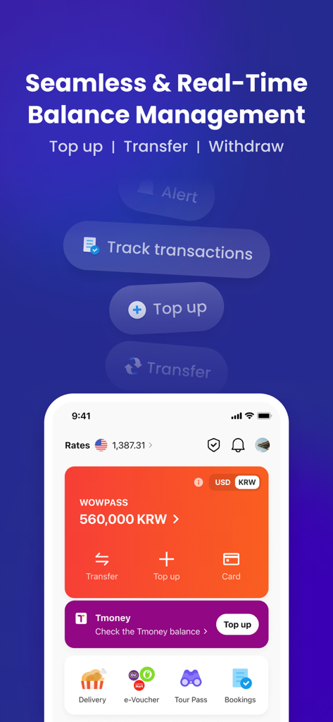 WOWPASS app interface showing KRW balance management and Tmoney integration for travelers in Korea
