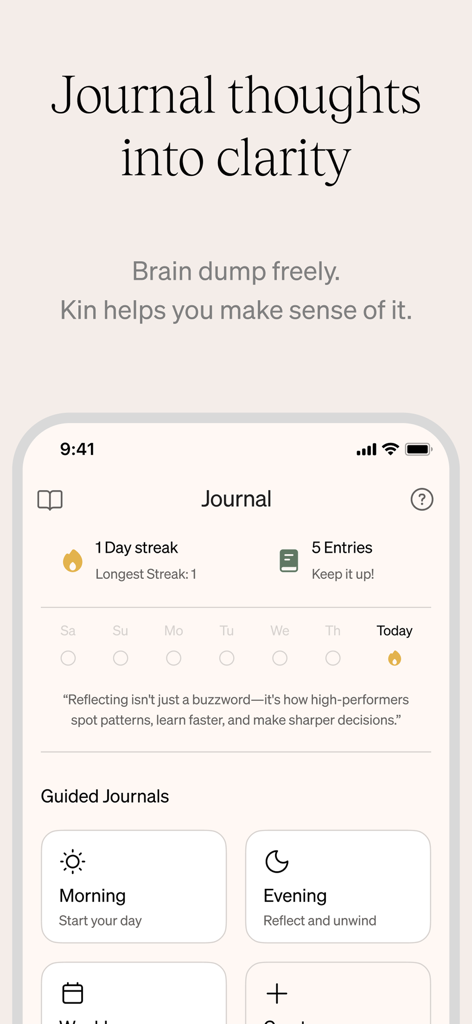 Kin: Personal AI Advisors - Interface of the Kin app showing the AI-powered journal with daily streaks and guided morning and evening entries