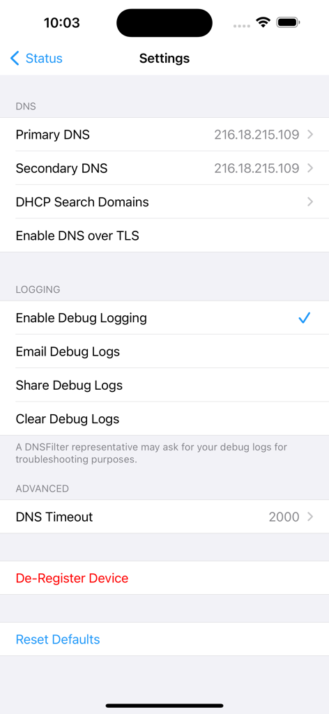 Settings screen of the DNSFilter app showing DNS configuration and logging options
