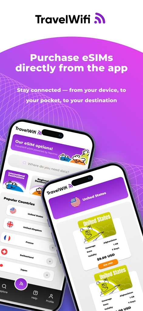 Schermate dell'app TravelWifi che mostrano l'interfaccia per acquistare eSIM per vari paesi, inclusi gli Stati Uniti.