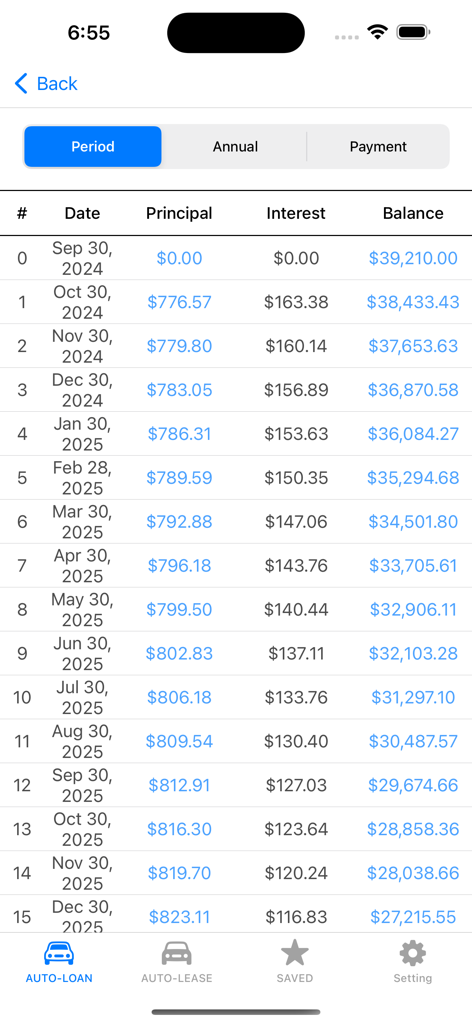 A detailed car loan amortization table displaying monthly payments broken down by principal interest and remaining balance