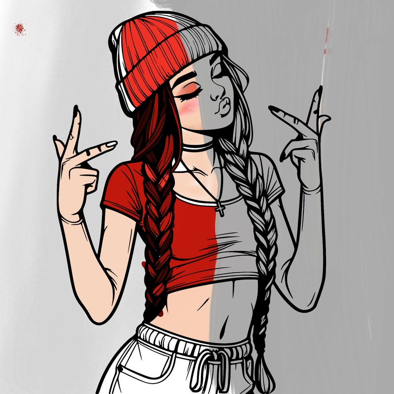 realistic teenage girl with braids and a beanie and crop top doing 🫶🏼