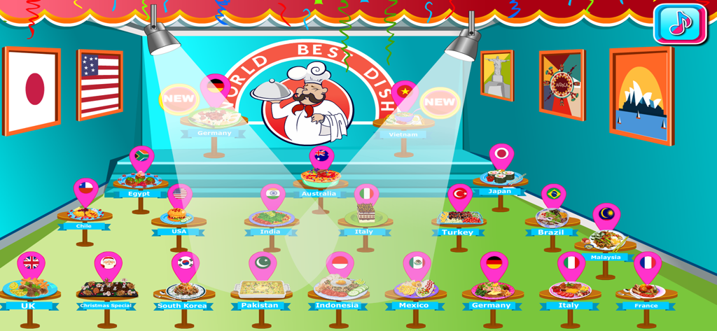 Selection screen showing various international dishes from around the world in the cooking game