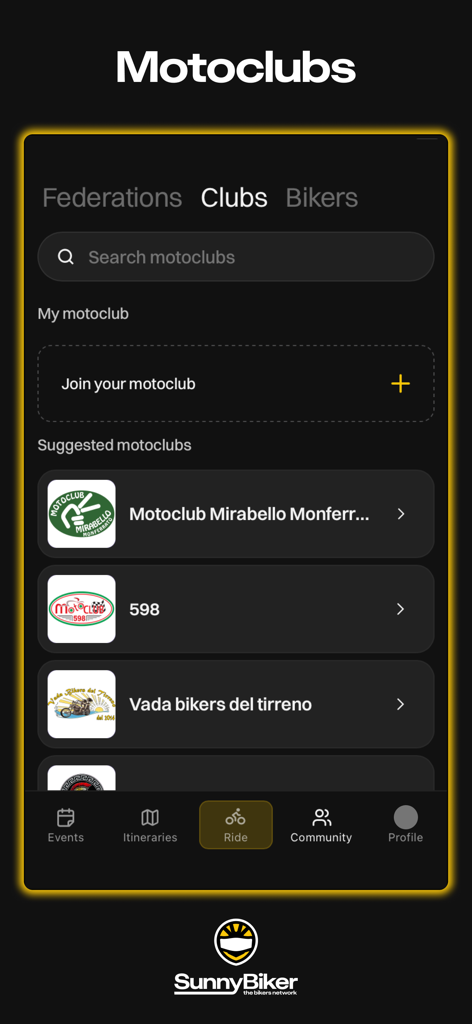 SunnyBiker - GPS + weather - Interface of the SunnyBiker app showing the motoclubs section with search and suggested local clubs