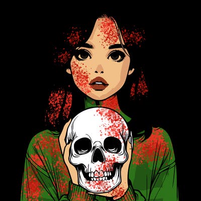 realistic girl holding a skull