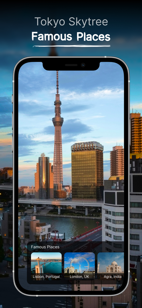 Live Earth Map - Live Camera - Tela do aplicativo mostrando o recurso Lugares Famosos com uma visão da Tokyo Skytree e miniaturas de Londres e Lisboa