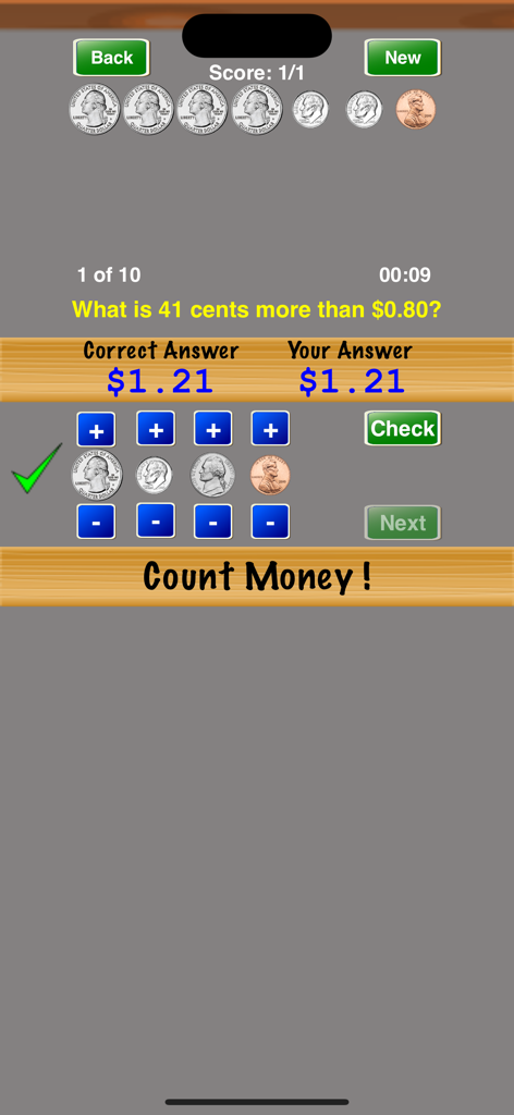 Count Money ! - Richtige Antwort in der Geldzähl-Lern-App für Kinder angezeigt