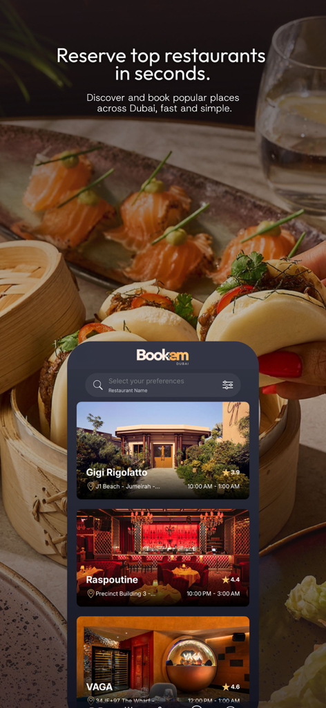 Bookem Dubai - Bookem Dubai app restaurant reservation interface showing high end dining options