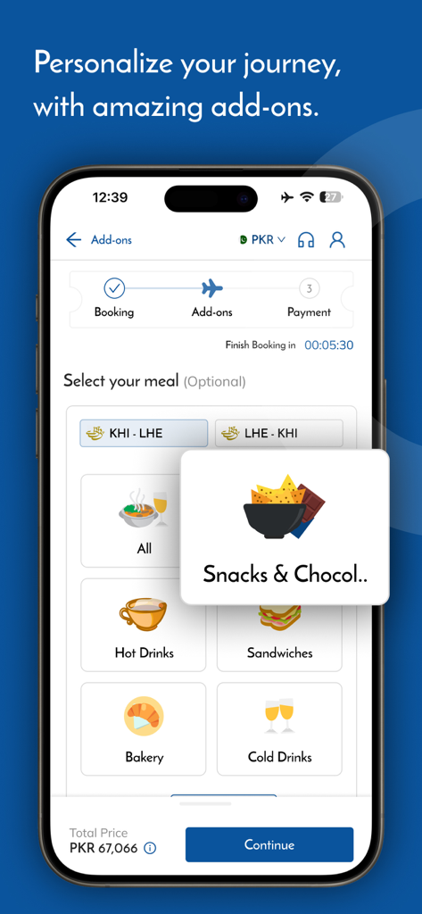 Meal selection screen on the Sastaticket app showing various food and drink add-ons for a flight.