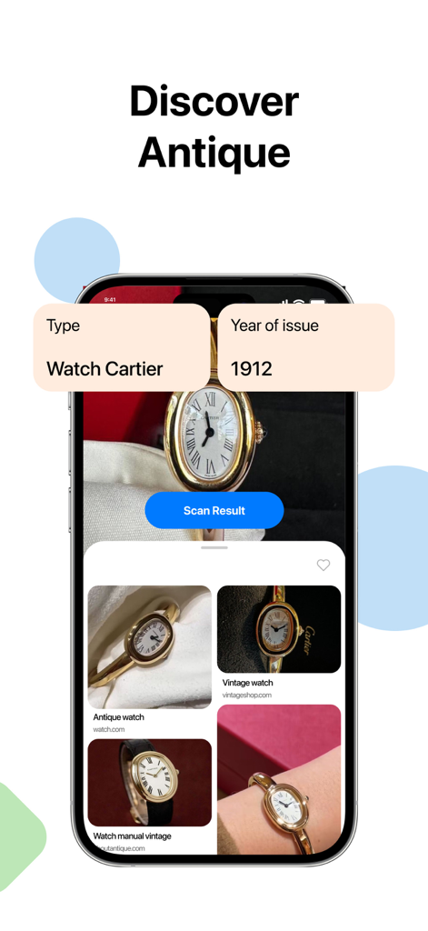Smartphone screen using Lens app to identify a vintage Cartier watch from 1912