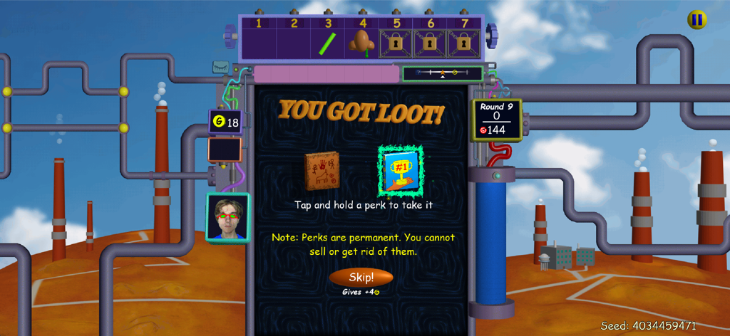 Nubby's Number Factory - Loot selection screen in Nubbys Number Factory showing two permanent perk options and a skip button.