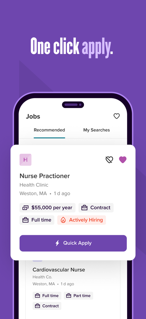 Monster Job Search - Interfaz de la aplicación móvil Monster Job Search que muestra una oferta de empleo con un botón de solicitud rápida