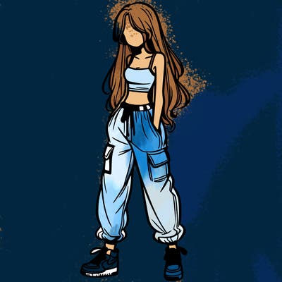 girl in baggy pants crop top and long hair
