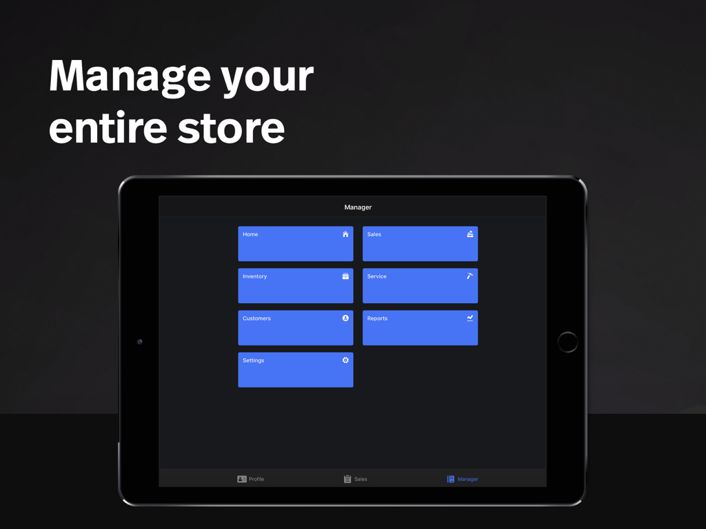 Interface do gerente do aplicativo Lightspeed Retail POS no iPad mostrando ferramentas de gerenciamento de loja.