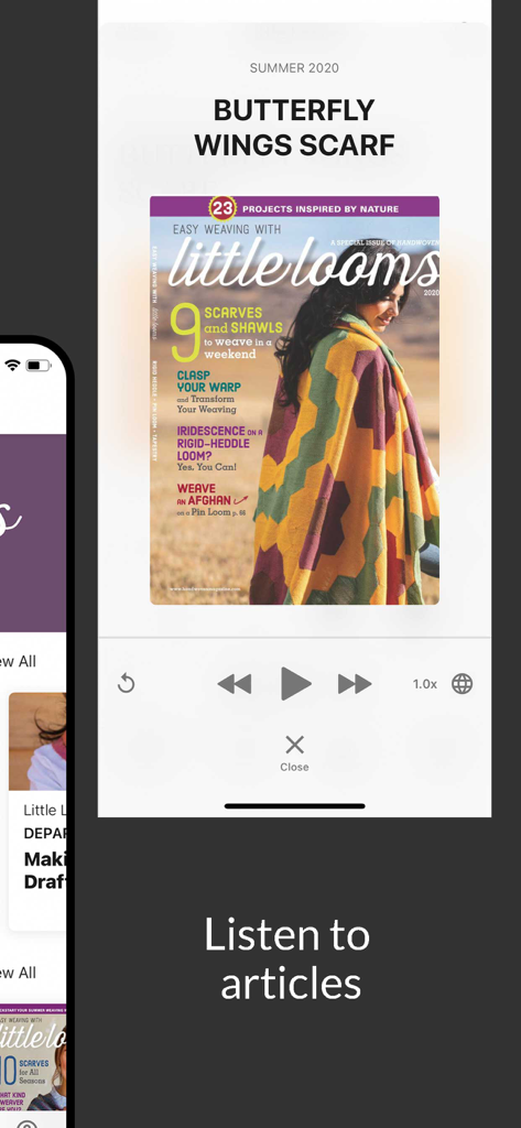 Little Looms - Little Looms app screen showing a digital magazine cover with audio playback controls and the text Listen to articles