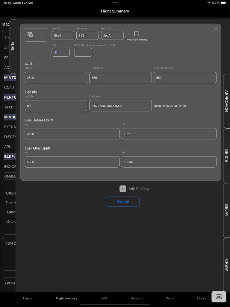スマートOFP iPadアプリのパイロット向けデジタル燃料ログおよび積算計算インターフェース。