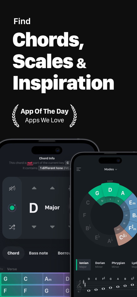 TONALY: Write & Practice Songs - TONALY app interface showing an interactive circle of fifths and chord selection tools on a mobile screen