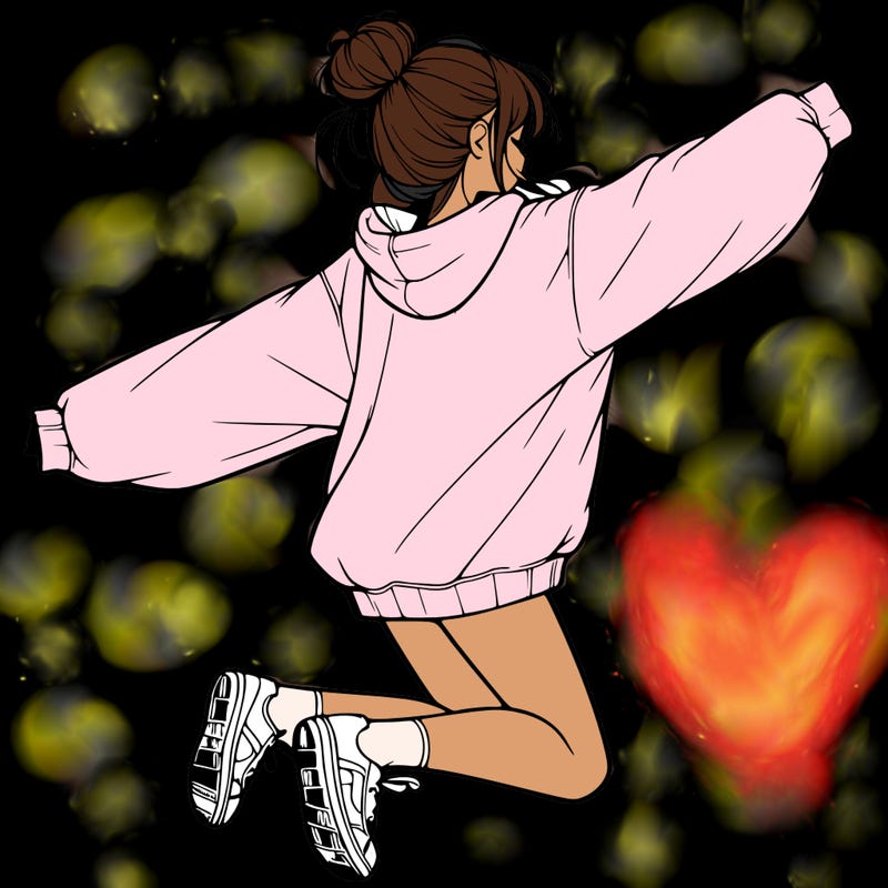 realistic girl jumping with a bun and oversized sweatshirt