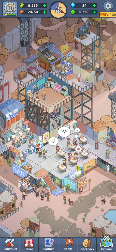 Cartoonish isometric view of a survivor shelter with survivors eating at an outdoor restaurant and managing facilities